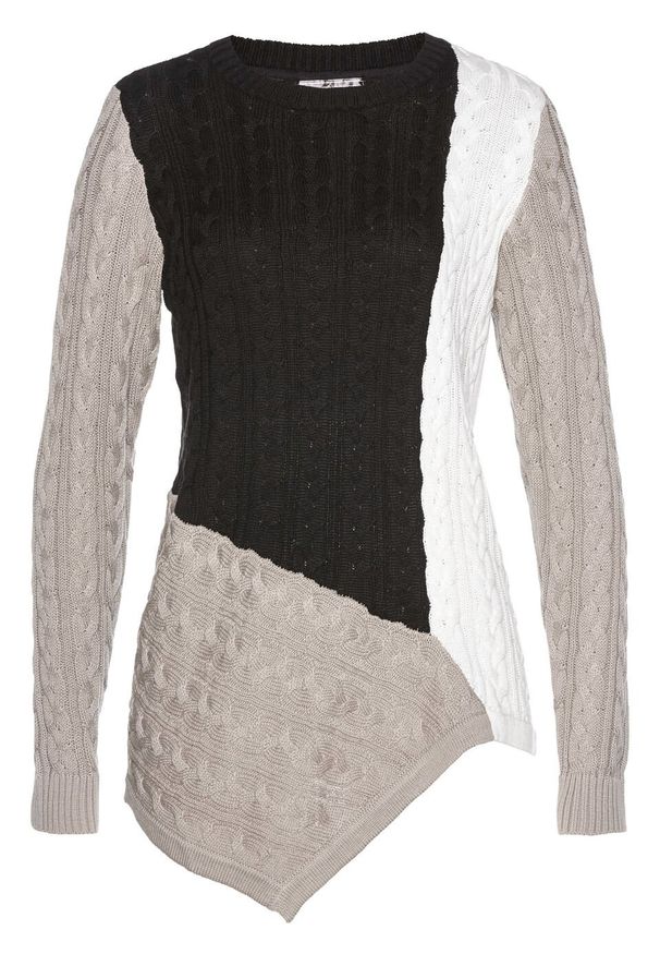 Sweter w warkocze bonprix kamienisto-biel wełny. Kolor: szary. Materiał: materiał, akryl, bawełna