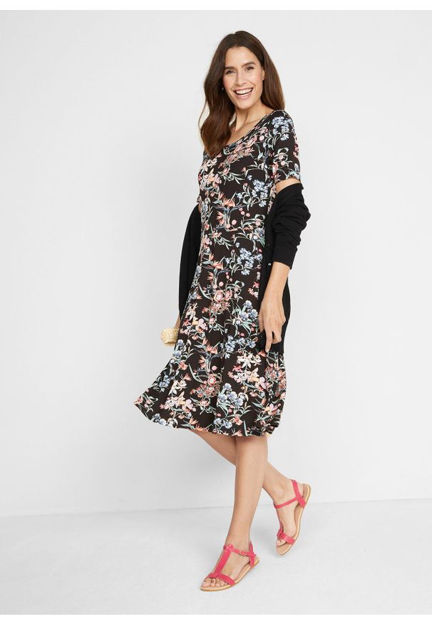 bonprix - Trapezowa sukienka w długości do kolan, z dżerseju. Kolor: czarny. Materiał: jersey. Typ sukienki: trapezowe. Długość: midi