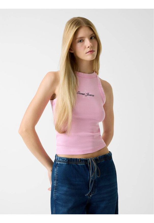 Guess Jeans Top W6RP23 KA0H1 Różowy Classic Fit. Kolor: różowy. Materiał: bawełna