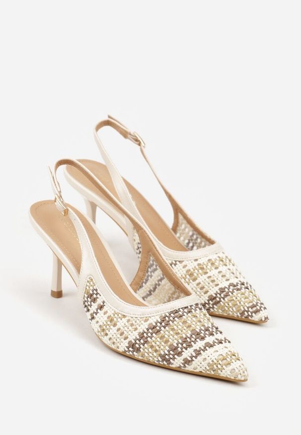 Renee - Beżowe Sandały z Plecionym Motywem Tibindel. Okazja: na imprezę. Zapięcie: sprzączka. Kolor: beżowy. Materiał: jeans. Obcas: na obcasie. Styl: elegancki. Wysokość obcasa: średni