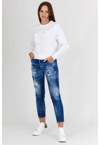 Guess - GUESS Biała bluza damska z literką g obszytą płatkami, Rozmiar M. Kolor: biały. Materiał: bawełna. Wzór: aplikacja
