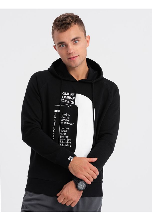 Ombre Clothing - Bluza męska HOODIE z nadrukiem - czarna V3 - Rozmiar: M. Kolor: czarny. Materiał: bawełna, poliester. Wzór: nadruk