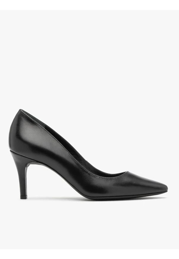 Ryłko - Eleganckie czarne czółenka na szpilce. Nosek buta: okrągły. Kolor: czarny. Materiał: skóra. Obcas: na szpilce. Styl: elegancki, klasyczny. Wysokość obcasa: średni