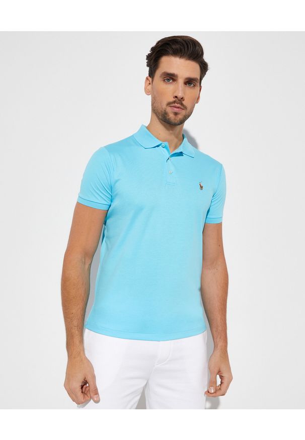 Ralph Lauren - RALPH LAUREN - Niebieska koszulka polo Slim Fit. Typ kołnierza: polo. Kolor: niebieski. Materiał: bawełna, prążkowany. Wzór: haft