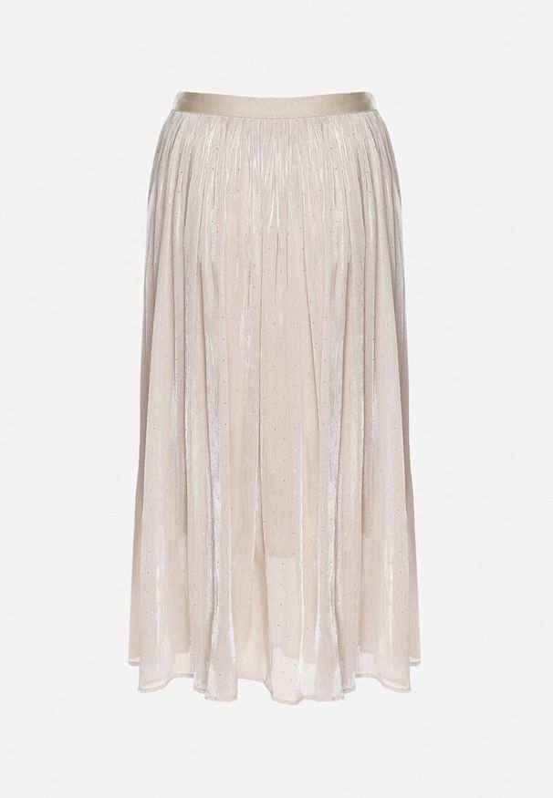 Born2be - Beżowa Rozkloszowana Spódnica z Gumką w Talii Zdobiona Cyrkoniami Folinetia. Okazja: na co dzień. Kolor: beżowy. Wzór: aplikacja. Styl: casual, elegancki, klasyczny