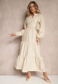 Renee - Jasnobeżowa Rozkloszowana Sukienka z Wiskozy w Stylu Boho z Koronką i Gumką Gonalien. Okazja: na co dzień. Typ kołnierza: dekolt w kształcie V. Kolor: beżowy. Materiał: koronka, wiskoza. Wzór: koronka. Sezon: lato, wiosna. Styl: boho