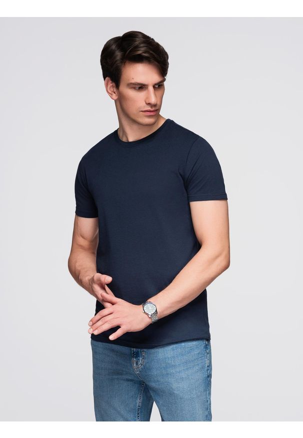 Ombre Clothing - Klasyczny T-shirt męski bawełniany BASIC - granatowy V2 - Rozmiar: XXL. Okazja: na co dzień. Kolor: niebieski. Materiał: bawełna. Styl: klasyczny
