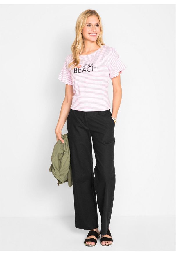 bonprix - Spodnie lniane Loose Fit z wygodnym paskiem. Kolor: czarny. Materiał: len