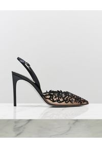 RENE CAOVILLA - Czarne sandały na szpilce Guendy. Zapięcie: pasek. Kolor: czarny. Materiał: zamsz. Wzór: ażurowy. Obcas: na szpilce. Wysokość obcasa: średni #4