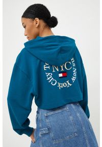 Tommy Jeans bluza DW0DW13570.9BYY damska kolor turkusowy z kapturem z aplikacją. Typ kołnierza: kaptur. Kolor: turkusowy. Materiał: bawełna, dzianina. Długość rękawa: długi rękaw. Długość: krótkie. Wzór: aplikacja #5