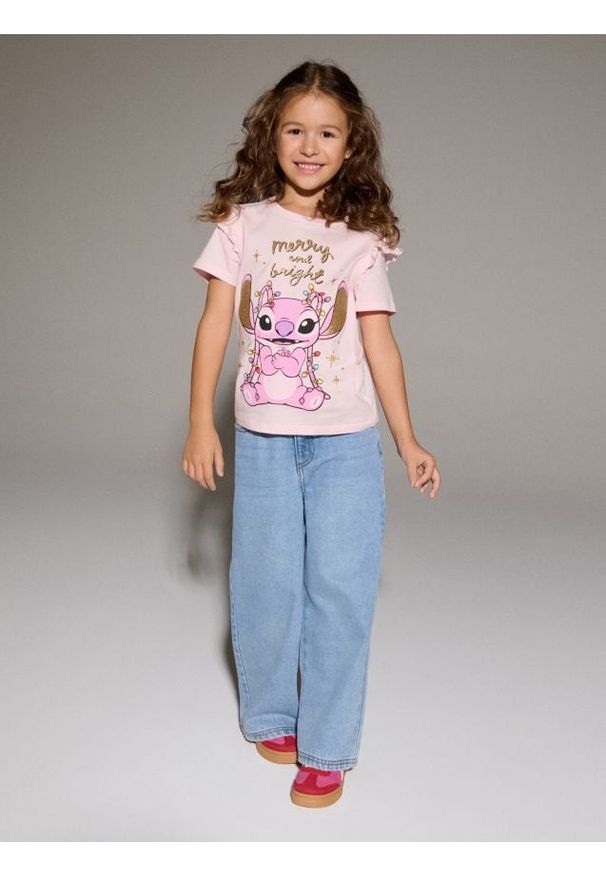 Sinsay - Bawełniana koszulka z nadrukiem Stitch - różowy. Kolor: różowy. Materiał: bawełna. Wzór: nadruk