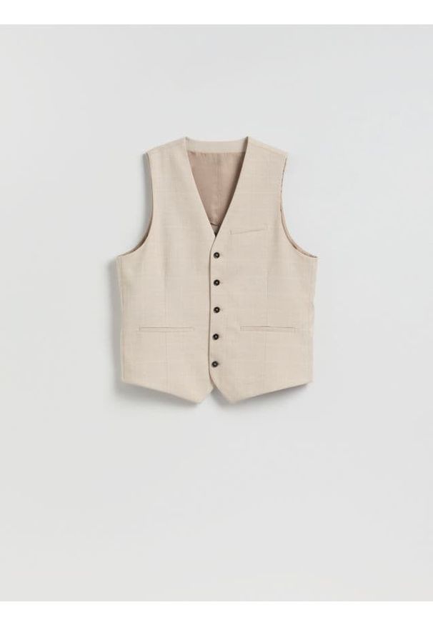 Reserved - Kamizelka garniturowa w kratę - beżowy. Kolor: beżowy. Materiał: tkanina, wiskoza