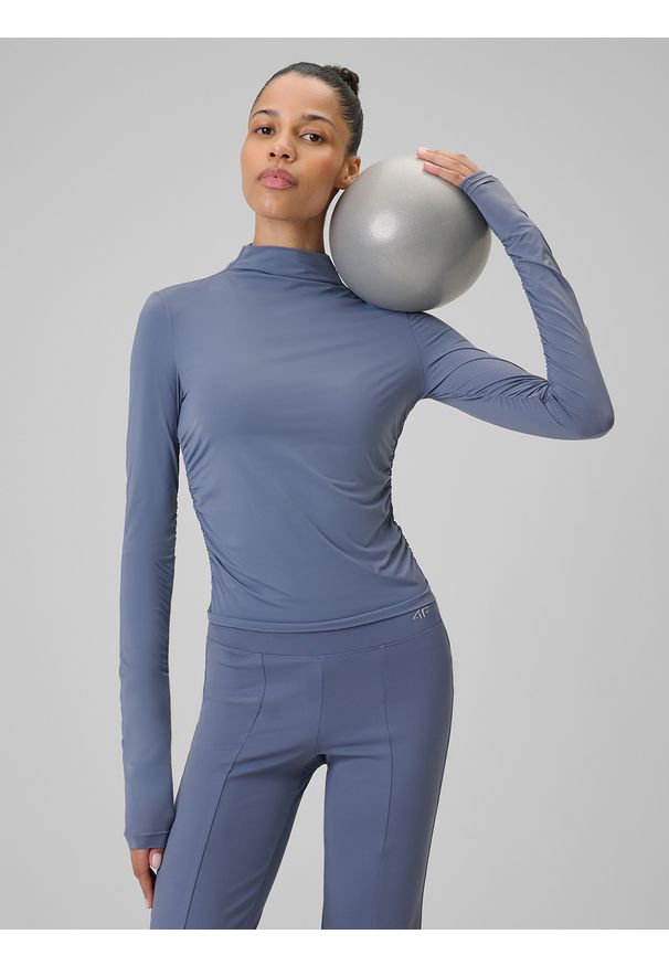 4f - 4F Longsleeve do jogi slim szybkoschnący damski - niebieski M. Typ kołnierza: kołnierzyk stójkowy. Kolor: niebieski. Materiał: materiał. Długość rękawa: długi rękaw. Sport: joga i pilates