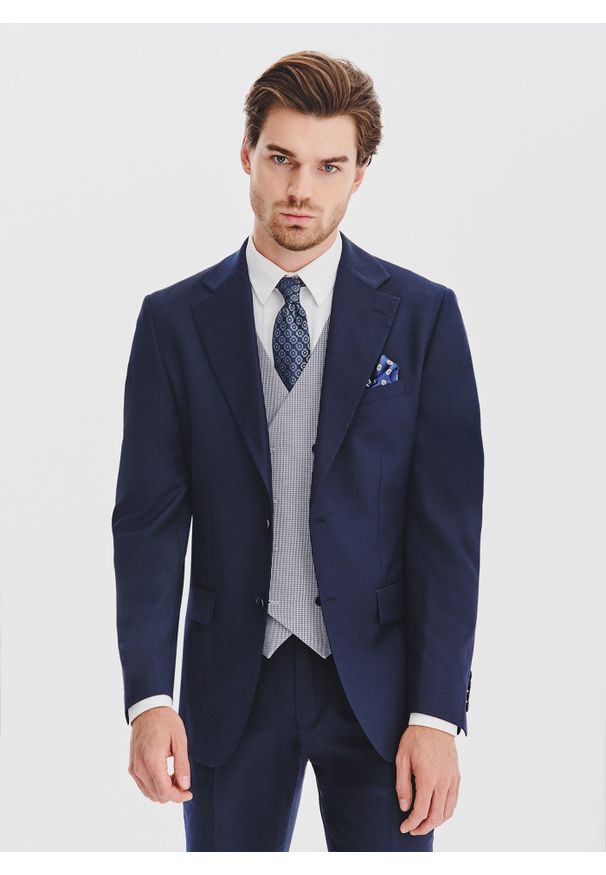 Pako Lorente - PAKO LORENTE - Granatowa marynarka garniturowa z wełną. Okazja: na spotkanie biznesowe. Kolor: niebieski. Materiał: wełna. Styl: biznesowy