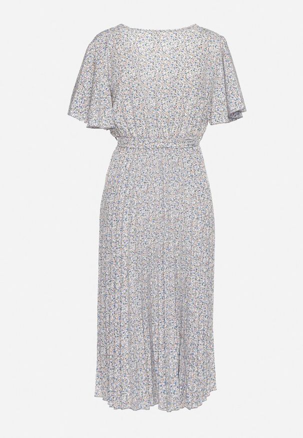 Born2be - Niebieska Rozkloszowana Sukienka z Gumką w Pasie i Materiałowym Paskiem Prissa. Okazja: na co dzień. Typ kołnierza: dekolt w kształcie V. Kolor: niebieski. Materiał: materiał. Długość rękawa: krótki rękaw. Styl: casual, elegancki