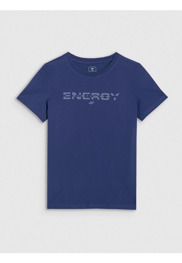 4f - 4F T-shirt regular z nadrukiem chłopięcy - granatowy 152 (11-12 lat). Okazja: na co dzień. Kolor: niebieski. Materiał: jersey, bawełna, materiał. Długość rękawa: krótki rękaw. Długość: krótkie. Wzór: nadruk. Sezon: lato. Styl: sportowy, klasyczny, casual