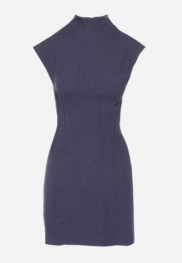 Born2be - Granatowa Sukienka z Prążkowanej Dzianiny o Taliowanym Kroju z Półgolfem Ivarinae. Okazja: na co dzień, na spotkanie biznesowe. Kolor: niebieski. Materiał: prążkowany, dzianina. Długość rękawa: bez rękawów. Styl: casual, biznesowy, elegancki