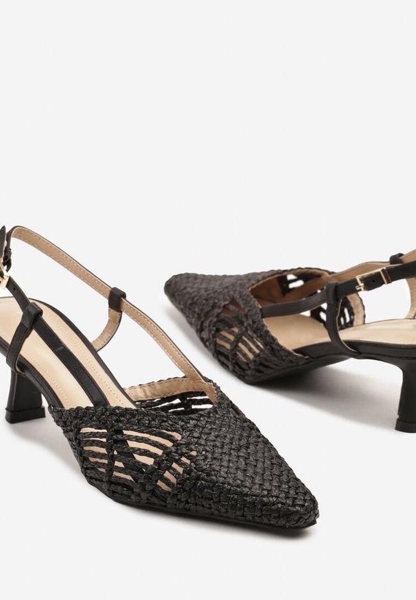 Renee - Czarne Plecione Sandały na Obcasie Kaczuszka Slingback Felorna. Kolor: czarny. Sezon: lato. Obcas: na obcasie. Wysokość obcasa: średni