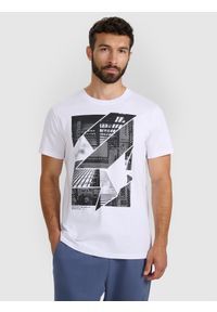 4f - 4F T-shirt regular z nadrukiem męski - biały M. Kolor: biały. Materiał: włókno, bawełna, skóra, materiał. Wzór: nadruk. Styl: klasyczny #1