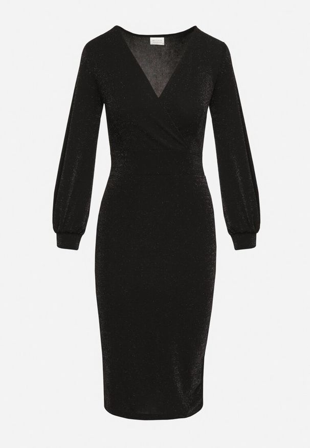 Born2be - Czarna Dopasowana Sukienka Kopertowa z Bufiastymi Rękawami i Metalicznymi Przeszyciami Nalithania. Typ kołnierza: dekolt w kształcie V. Kolor: czarny. Typ sukienki: kopertowe. Styl: retro