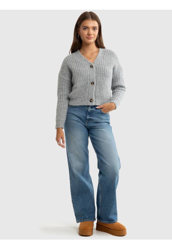 Big-Star - Sweter dziewczęcy kardigan z dodatkiem wełny szary Karda 901. Okazja: na co dzień. Kolor: szary. Materiał: wełna. Wzór: ze splotem. Styl: vintage, casual, elegancki
