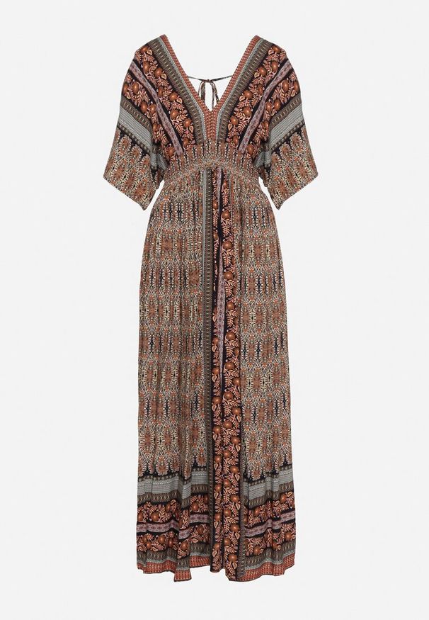 Born2be - Brązowa Boho Sukienka z Szerokimi Rękawami z Gumką w Pasie i Wiązaniem na Plecach Piomina. Typ kołnierza: dekolt w kształcie V, choker. Kolor: brązowy. Wzór: aplikacja. Styl: boho