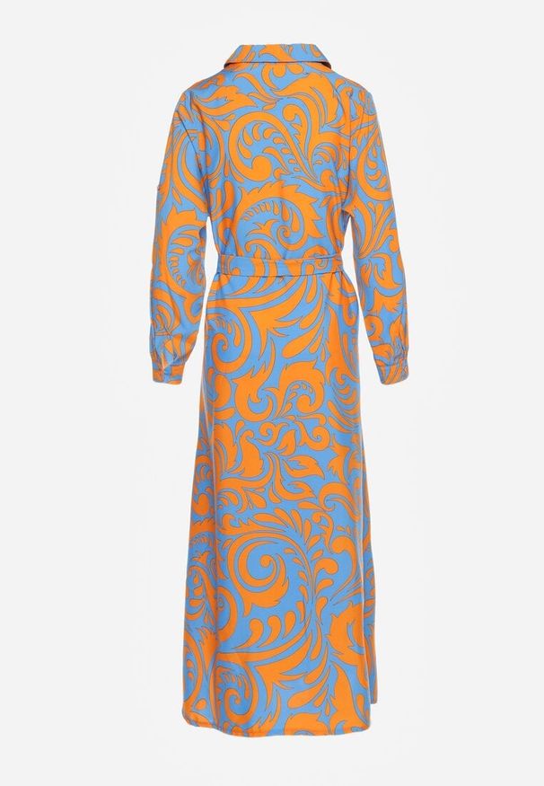 Renee - Niebiesko-Pomarańczowa Sukienka Koszulowa Maxi z Materiałowym Paskiem w Abstrakcyjny Print Lirans. Kolor: niebieski. Materiał: materiał. Wzór: nadruk. Typ sukienki: koszulowe. Długość: maxi