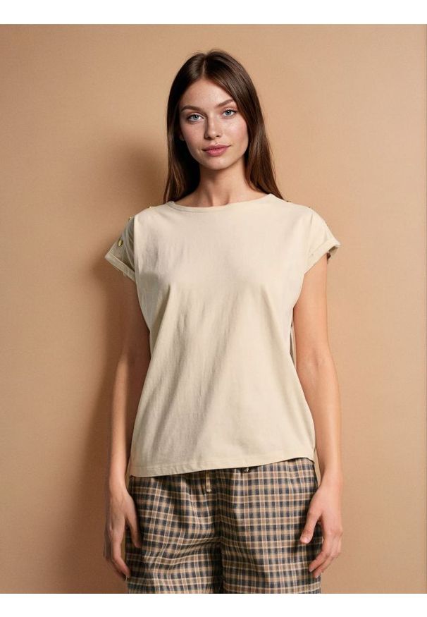 Sinsay - Bluzka z ozdobnymi dżetami - kremowy. Kolor: kremowy