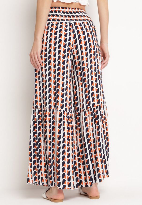 Born2be - Pomarańczowo-Granatowe Wiskozowe Spodnie Palazzo z Gumką w Pasie i Wysokim Stanem Tiimabell. Okazja: na co dzień. Stan: podwyższony. Kolor: pomarańczowy. Materiał: wiskoza. Styl: casual, elegancki