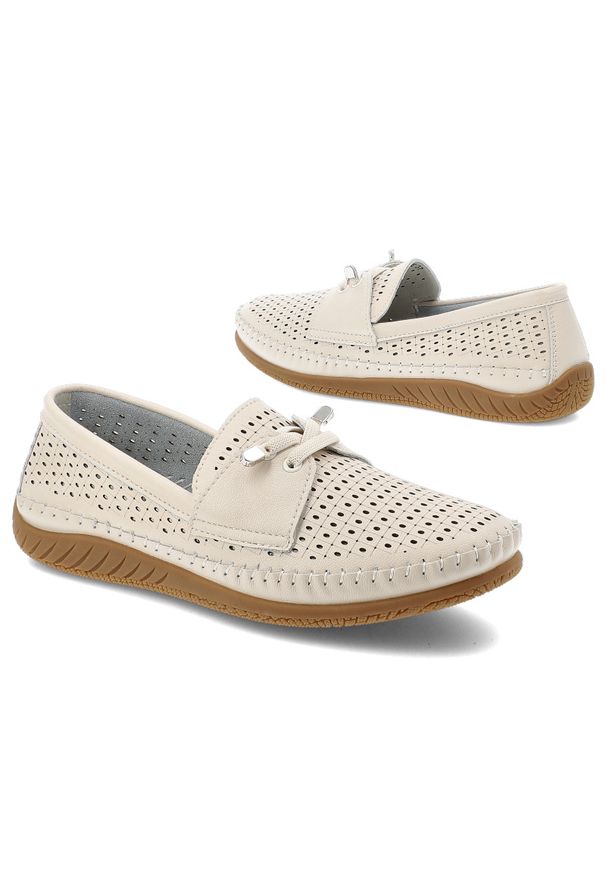 Półbuty damskie Vinceza, cholewka ze skóry naturalnej licowej z perforacją wsuwany fason z ozdobnym wiązaniem, beżowe, 93217. Kolor: beżowy. Materiał: skóra. Szerokość cholewki: normalna