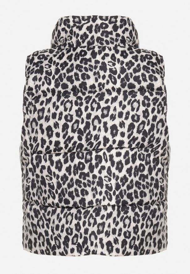 Born2be - Szara Pikowana Panterkowa Kamizelka Merianas. Okazja: na co dzień, na spacer. Typ kołnierza: golf. Kolor: szary. Materiał: skóra. Wzór: aplikacja. Styl: elegancki, casual, klasyczny, sportowy