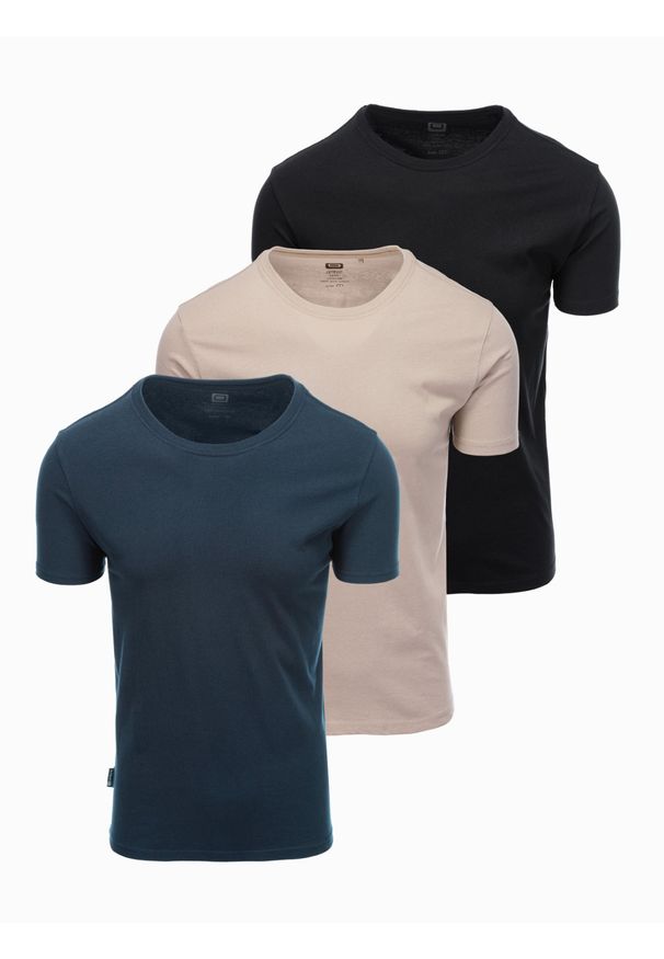 Ombre Clothing - Zestaw męskich bawełnianych koszulek BASIC z okrągłym dekoltem – czarny/granatowy/piaskowy V7. Okazja: na co dzień. Kolor: niebieski. Materiał: bawełna. Styl: klasyczny, casual