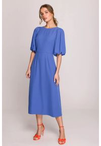 Stylove - Elegancka sukienka koktajlowa z bufiastymi rękawami niebieska. Okazja: na ślub cywilny, na imprezę, na wesele. Kolor: niebieski. Materiał: materiał, elastan. Długość rękawa: krótki rękaw. Sezon: lato. Typ sukienki: rozkloszowane. Styl: wizytowy, elegancki. Długość: midi #3