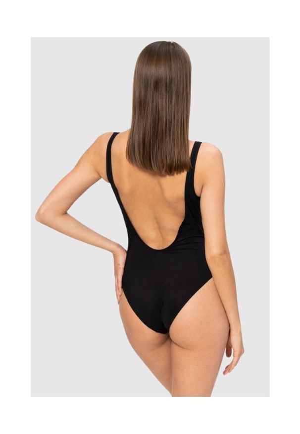 MOSCHINO Czarny jednoczęściowy strój kąpielowy ze złotym logo, Rozmiar XS. Kolor: czarny. Wzór: nadruk