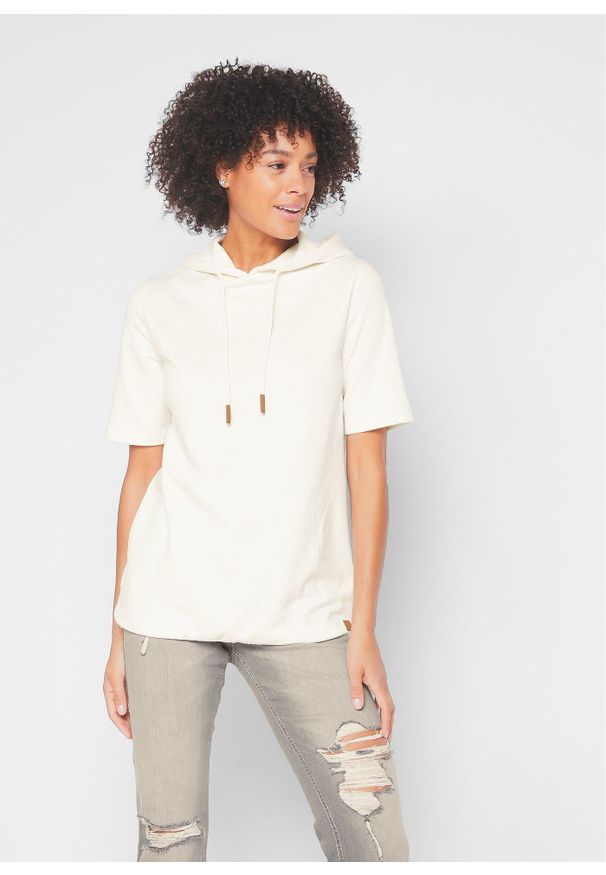 bonprix - Bluza z kapturem, z mieszanki bawełny. Typ kołnierza: kaptur. Kolor: biały. Materiał: bawełna. Długość rękawa: krótki rękaw. Długość: krótkie
