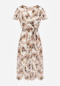 Born2be - Beżowo-Pomarańczowa Kopertowa Sukienka w Kwiaty z Wiązanym Paskiem i Brokatem Hilingea. Okazja: na imprezę, do pracy, na co dzień. Kolor: pomarańczowy. Wzór: kwiaty. Typ sukienki: kopertowe. Styl: casual, elegancki. Długość: midi #3