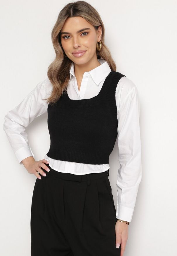 Born2be - Czarny Komplet o Krótszym Kroju Koszula z Dzianinowym Topem Bilina. Kolor: czarny. Materiał: dzianina