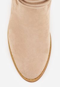 Renee - Ciemnobeżowe Botki Vices na Słupku w Stylu Kowbojek z Ażurową Cholewką i Paskami Tulifedi. Zapięcie: pasek. Kolor: beżowy. Materiał: skóra, jeans. Szerokość cholewki: normalna. Wzór: ażurowy. Obcas: na słupku. Styl: rockowy. Wysokość obcasa: średni #2