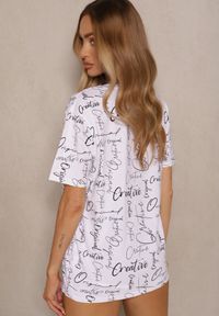 Renee - Biały Bawełniany T-shirt o Kroju Oversize z Ozdobnym Nadrukiem Aveneli. Okazja: na co dzień. Kolor: biały. Materiał: bawełna. Wzór: nadruk. Styl: elegancki, casual #5