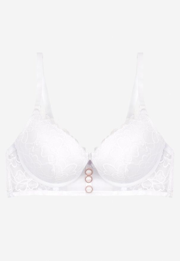 Born2be - Biały Biustonosz Push Up Ozdobiony Koronką Neavia. Kolor: biały. Materiał: koronka. Rodzaj stanika: push-up. Wzór: aplikacja, koronka