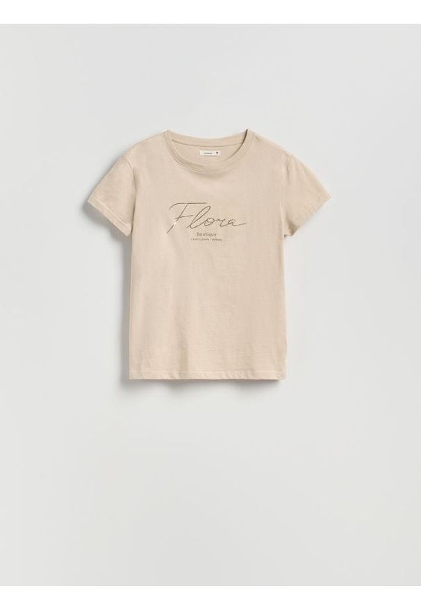 Reserved - T-shirt z nadrukiem - beżowy. Kolor: beżowy. Materiał: bawełna. Wzór: nadruk. Styl: klasyczny