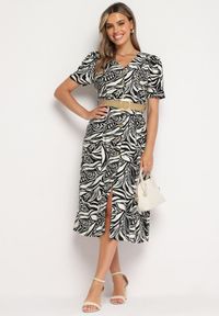 Born2be - Czarno-Biała Sukienka o Koszulowym Kroju z Plecionym Paskiem w Talii Zaratia. Okazja: na co dzień. Kolor: czarny. Materiał: wiskoza, tkanina. Sezon: lato. Typ sukienki: koszulowe. Styl: casual, elegancki #4