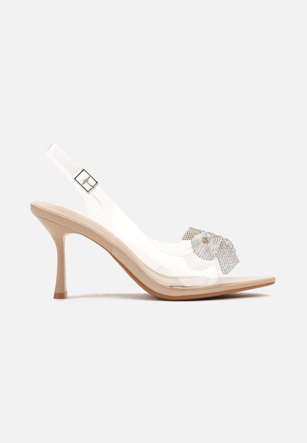Born2be - Beżowe Transparentne Sandały na Klepsydrowym Obcasie Zdobione Kokardą z Cyrkoniami Nialetha. Zapięcie: sprzączka. Kolor: beżowy. Materiał: jeans. Wzór: aplikacja. Obcas: na obcasie. Styl: wizytowy. Wysokość obcasa: średni