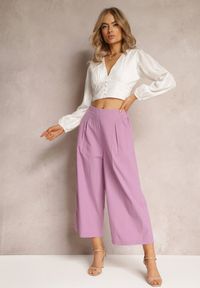 Renee - Fioletowe Szerokie Spodnie z Gumką w Pasie Vithan. Kolor: fioletowy. Materiał: bawełna, tkanina