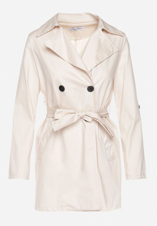 Born2be - Beżowy Płaszcz Dwurzędowy z Kieszeniami i Materiałowym Paskiem Piemona. Okazja: na spotkanie biznesowe, na co dzień. Kolor: beżowy. Materiał: materiał. Długość: do kolan. Styl: elegancki, casual, biznesowy