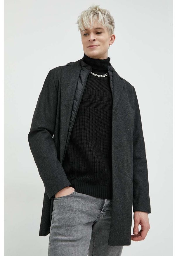 Jack & Jones płaszcz z domieszką wełny kolor szary przejściowy. Okazja: na co dzień. Kolor: szary. Materiał: wełna. Wzór: gładki. Styl: casual, klasyczny