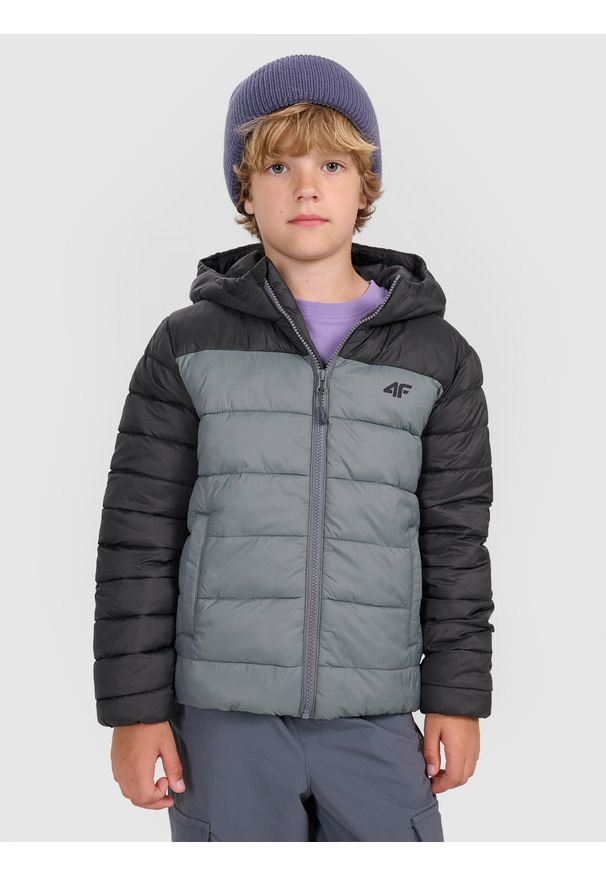 4f - 4F Kurtka puchowa z wypełnieniem syntetycznym chłopięca - szara 158 (12-13 lat). Okazja: na co dzień. Kolor: szary. Materiał: syntetyk, puch. Sezon: lato. Styl: klasyczny, casual