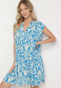 Born2be - Niebieska Bawełniana Sukienka o Kroju Oversize w Ornamentny Wzór Izelona. Okazja: na co dzień. Kolor: niebieski. Materiał: bawełna. Typ sukienki: oversize. Styl: klasyczny, casual