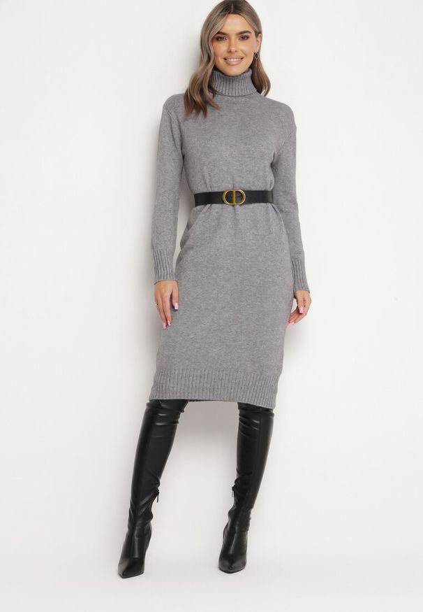 Born2be - Szara Sweterkowa Sukienka Wełniana Midi z Golfem Doulcetta. Typ kołnierza: golf. Kolor: szary. Materiał: wełna. Długość rękawa: długi rękaw. Styl: klasyczny. Długość: midi
