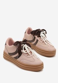 Born2be - Różowe Sneakersy w Stylu Tenisówek na Grubej Podeszwie z Tłoczeniem i Perłami Asortte. Okazja: na co dzień. Kolor: różowy. Materiał: jeans #4